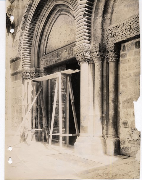 The 2 Lintels above the 2 doors (right one is currently blocked)  to the church of the holy sepulchre